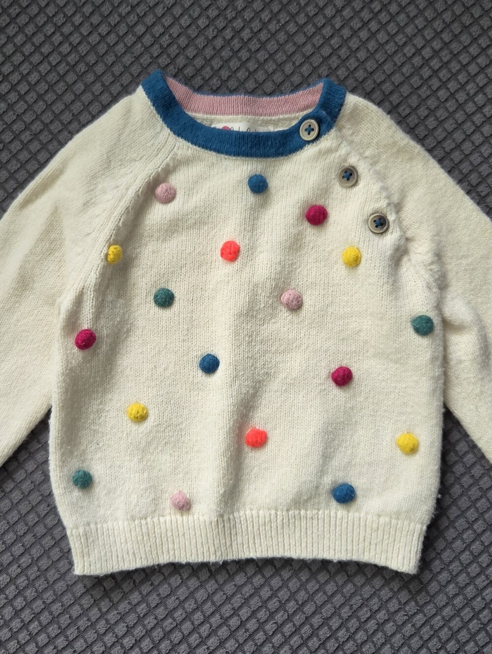 Baby Boden Ivory Pom-Pom Crewneck Wool Blend Sweater with Colorful Trim 3-6M
